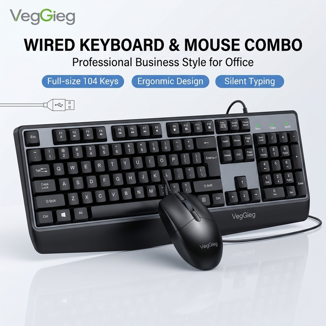VegGieg Wired Keyboard Mouse Combo Full Size 104 Keys Ergonomic Silent Typing USB Wired Keyboard Mouse Set for Office Desktop PC