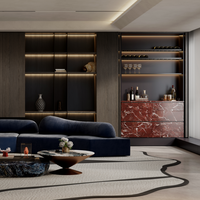 Meuble mural en bois foncé sur mesure avec étagères rétroéclairées par LED, portes sans poignées, OEM ODM pour hôtel, appartement, villa, projet de salon