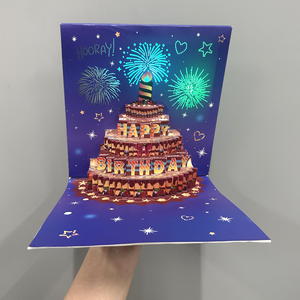 New Arrival Giấy Thủ công mỹ nghệ vuông màu xanh 3D Pop Up Bánh sinh nhật với nhấp nháy pháo hoa ánh sáng âm nhạc thiệp chúc mừng - Product Image 2
