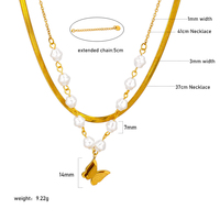 Collier double couche en acier inoxydable plaqué or, chaîne serpent plate, pendentif papillon perle baroque, collier superposé pour femme