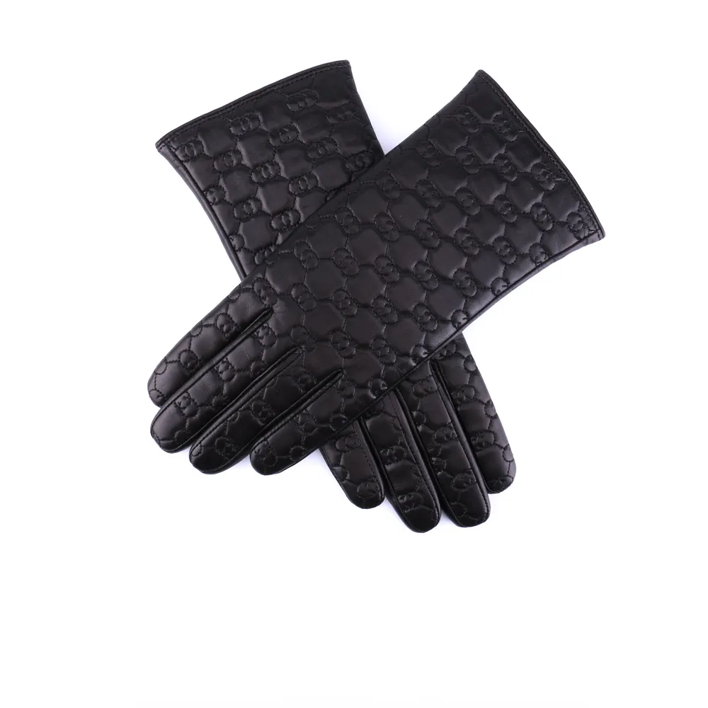 Mode classique femmes noir cousu Logo gants en cuir laine cachemire doublé