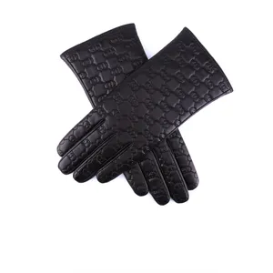 Fashion Classic Women Black Stitched Logo Leather Gloves Wool Cashmere Lined