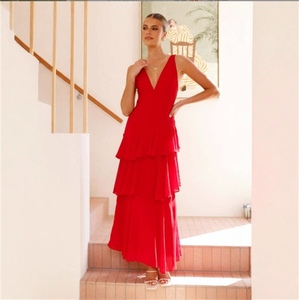 Nouvelle robe décontractée de fête élégante sans manches à col en V, robe longue à jupe en forme de gâteau de couleur unie pour femmes - Product Image 2
