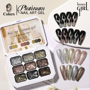 HONEY GIRL OEM - Set de Gel Metálico Dorado UV para Uñas, Esmalte <span class=keywords><strong>Platino</strong></span> con Purpurina y Lentejuelas, Paleta de Gel para Pintar Uñas de 9 Colores - Product Image 1