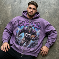 Sweat à capuche surdimensionné en coton épais 420 GSM, imprimé numériquement sur mesure, avec fermeture éclair métallique, effet délavé vintage et usé, style streetwear