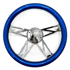14inch 350mm Universal Wooden Classic Vintage Blue Aluminum Real Wood Steering Wheel