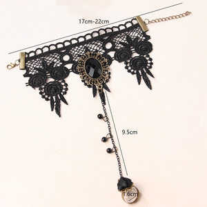 Black Lace Choker <b>Necklace</b> With Gemstone Pendant And Chain <b>Ring</b> For Party Fashion Jewelry - Product Image 3