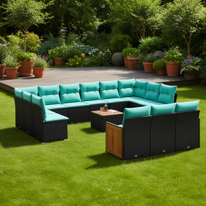 Ensemble de canapés de patio en polyrotin noir avec coussins, 14 pièces, mobilier de jardin extérieur, design contemporain, table en teck - Product Image 2