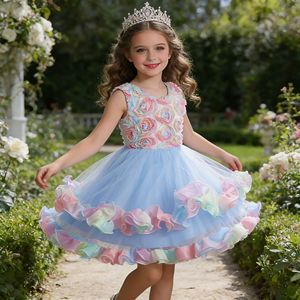 Robe de princesse pour enfants, col rond, jupe en tulle à fleurs 3D, rose, violet, bleu, robe de demoiselle d'honneur pour tout-petits et enfants - Product Image 2