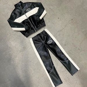2024 High Quality Custom Leather <b>Jacket</b> Two Piece Heavyweight Faux Genuine Pu Leather Pants and <b>Zip</b> <b>up</b> <b>Jacket</b> Tracksuit for Men - Product Image 1