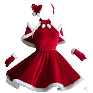 Robe de Noël rouge en velours, style halter, coupe trapèze, avec bordure en fourrure blanche, pour fête ou déguisement cosplay - Product Image 5