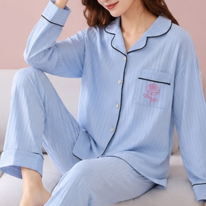 Pigiama in cotone a righe a coste da <span class=keywords><strong>donna</strong></span>, taglie forti, a maniche lunghe, per casa e relax, set estivo da notte e loungewear - Product Image 2