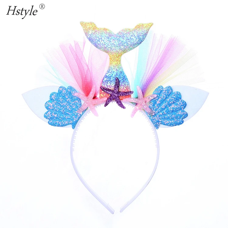 Повязка на голову с блестками FG058 для девочек на день рождения, Тюлевая повязка на голову с хвостом русалки для морской вечеринки