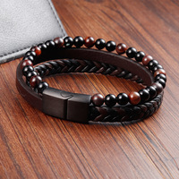 Cordon en cuir noir, bracelet tressé en acier inoxydable double couche pour homme avec pierres naturelles, bracelet en cuir multi-brins fait main
