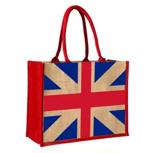 キャリングジュートバッグ女性ファッション食料品バッグショッピングバッグ再利用可能な安くて最高の英国旗輸出業者インドストライプ印刷