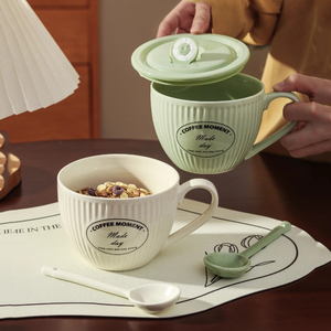 Taza grande de porcelana de 700 ml para avena, taza de cerámica para cereales de desayuno, tazón para sopa apto para microondas con asa y tapa - Product Image 5