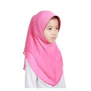De gros hijab 2 couche-Hijab en mousseline de soie élastique, Double couche, 2 tons, Turban instantané, pour enfants, musulman, Amira,