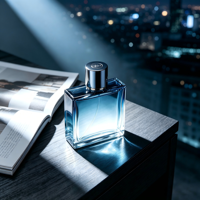 Flacon de parfum en verre plat de luxe, 50 ml, 100 ml. Flacon de parfum transparent avec un bouchon noir.