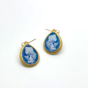 Antique Court Style Vintage 18K Plaqué Or S925 Argent Perle Bijoux <span class=keywords><strong>Bleu</strong></span> Agate Colombe <span class=keywords><strong>Camée</strong></span> Goutte D'eau Boucles D'oreilles pour Femme - Product Image 2