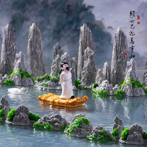 Figurine micro-landscape créative et mignonne, décoration de montagne artificielle en résine, radeau en bambou, paysage artisanal pour bureau - Product Image 3