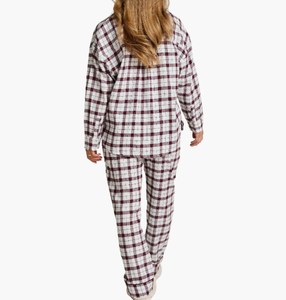 <span class=keywords><strong>Ensemble</strong></span> <span class=keywords><strong>de</strong></span> pyjama pour femmes en flanelle rouge à carreaux avec logo sur le devant, manches longues, boutonné, taille élastique, printemps été, 2 pièces - Product Image 4