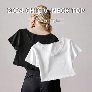 Femmes 2025 Summer Slim Fit Solid Woven Large V-Neck Lace-Borded Short-Sleeved T-Shirt Retro Casual Chic Tops - Product Image 2