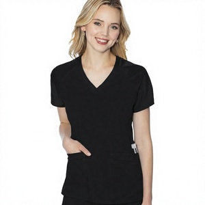 Blouse médicale noire pour femme à col en V, écologique, avec deux poches, détection d'aiguilles, tissu tissé sans couture, uniforme d'hôpital - Product Image 1