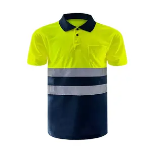 HCSP男士黄色对比黑色马球安全衬衫100% 涤纶反光袖t恤高可见户外安全工作标志