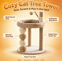 Arbre à chat tout-en-un, mignon et écologique, avec 4 niveaux en satin, griffoirs, lit douillet pour animaux de compagnie, montage facile, emballage en carton pour chats d'intérieur