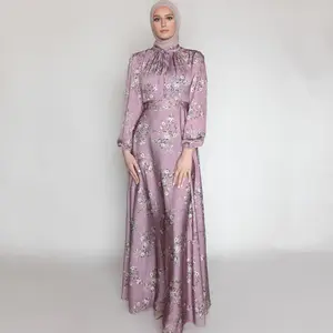 Robe longue fleurs musulmanes imprimées soyeuses longues Abayas Robes fantaisie Maxi robe élégante robe islamique ceinture vêtements musulmans islamiques