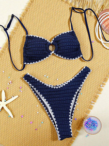 Ensembles <span class=keywords><strong>de</strong></span> bikinis O-Ring pour femmes, maillots <span class=keywords><strong>de</strong></span> <span class=keywords><strong>bain</strong></span> bandage, maillots <span class=keywords><strong>de</strong></span> <span class=keywords><strong>bain</strong></span> coupe haute, maillots <span class=keywords><strong>de</strong></span> <span class=keywords><strong>bain</strong></span> 2 pièces à rayures contrastées, vente en gros, OEM, logo personnalisé - Product Image 2
