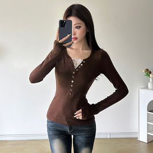 Top de Punto Acanalado con Encaje Estilo Francés BM, Cuello en V, Botones al Frente, Corte Ajustado, Manga Larga, Informal para Mujer - Product Image 2