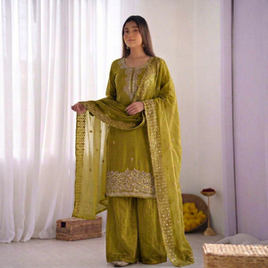 Women's <b>Green</b> <b>Silk</b> Embroidered Stitched Salwar Kameez Set Beaded Stretchable Reversible Quick-Dry Micro Cotton Inner for - Product Image 1