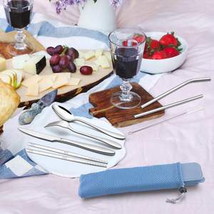 Ensemble de couverts de voyage 6-9 pièces en acier inoxydable, comprenant couteau, fourchette, cuillère, baguettes et pailles métalliques, compatible lave-vaisselle - Product Image 4