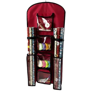 Hang Gift Wrapping Paper Storage Red Double-sided Christmas Wrapper Bag Container Present Wrap Holder For Closet