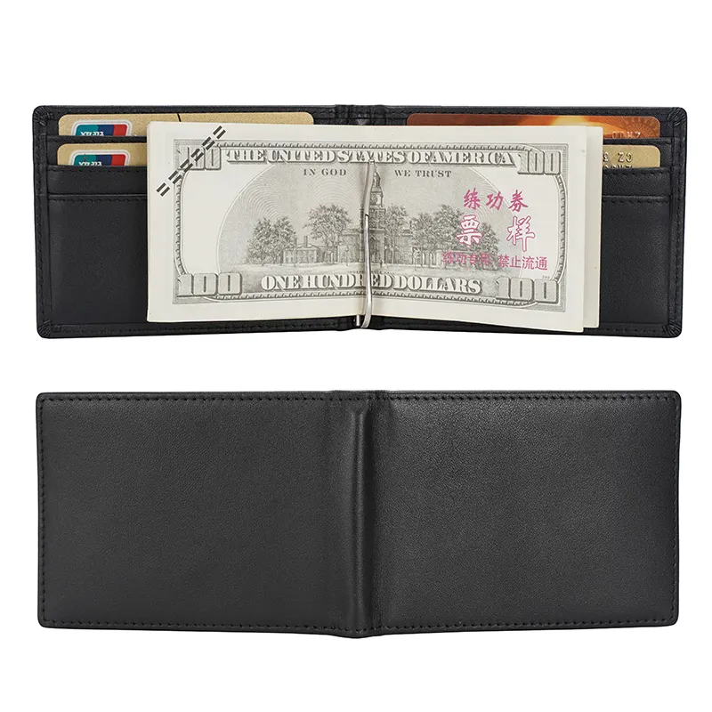 TIDING Custom Logo RFID Blocking Fashion Men Slim Black Soft Leather Wallet With Metal Money Clip Full Grain Cowhide Wallet