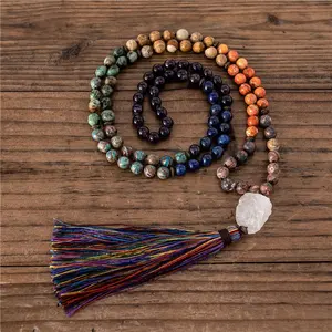 Handgemachte 7 Chakra Multi Farben Naturstein 108 Mala Perlen Halskette mit Quaste Yoga Meditation Schmuck Freunde Geschenke Großhandel