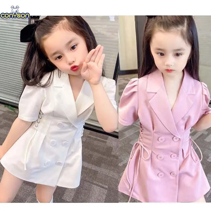 Conyson Wholesale Summer 3-11 Years New Designs Children Clothing Kids Fashion Bubble Sleeve Casual White Girls' Shirt Dresses