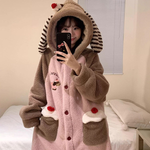 Ensembles de vêtements de nuit mignon <span class=keywords><strong>fille</strong></span> dessin animé à capuche corail polaire pyjamas femmes épais chaud peignoirs pour automne hiver - Product Image 4