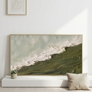 Peinture Paysage Marin Minimaliste Originale Faite à la Main, Vert Olive et Blanc, en Plâtre Texturé, sur Toile Épaisse en Mousse, Style Wabi Sabi, <span class=keywords><strong>Roya</strong></span> - Product Image 3