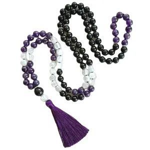 ST0770 Protection Mala Amethyst White Jade Black Onyx Natural Stone Beaded Mala Jewelry Gemstone Energy Necklace