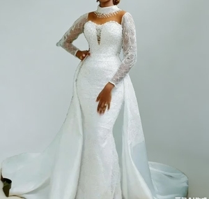 Robe de mariée sirène en dentelle à manches longues pour <span class=keywords><strong>femme</strong></span> S0110Y avec traîne en satin détachable, robe de mariée perlée - Product Image 3