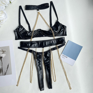 Leather 3 Piece <b>Sexy</b> Lingerie <b>Set</b> Metal Chain Decor Underwire Bra Waist Belt Thong Women Punk Style Erotic Intimates Wholesale - Product Image 4