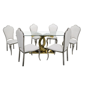 Muebles de sala de estar personalizados de lujo industrial, mesa de <span class=keywords><strong>comedor</strong></span>, juego de mesa de <span class=keywords><strong>comedor</strong></span> con tapa de cristal y patas de Metal dorado con acabado <span class=keywords><strong>cromado</strong></span> moderno - Product Image 1