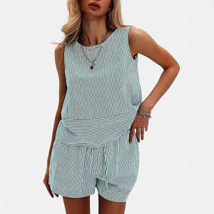 Conjunto de Pantalones y Camiseta Corta a Rayas para Mujer, Marca Privada, Cuello Redondo, Sin Mangas, Transpirable, Estilo Casual de Verano - Product Image 1