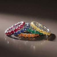 Cincin Perak Sterling 925 Mewah Berhiaskan Berlian Warna-warni untuk Wanita, Model Eternity Band 5mm Merah Hijau Kuning 4 Prong