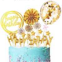 Décoration de gâteau personnalisée en or rose, ensemble d'éventails en papier, de ballons et de cartes à insérer, bougie décorative en acrylique pour gâteau d'anniversaire