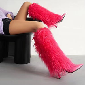Bottes en similicuir à talons hauts pour femmes bout pointu détail de gland fausse plume automne/hiver semelles à enfiler en caoutchouc - Product Image 1