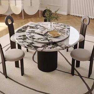 French marble stone tabletop cream-style full-bottom dining <b>table</b> elegant retro round design ideal for <b>small</b> homes - Product Image 4