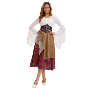 Women Irregular Plaid Long <b>Skirt</b> <b>Patchwork</b> Design Asymmetrical Elastic Waist Corduroy Comfortable Retro Japanese Style Set - Product Image 2